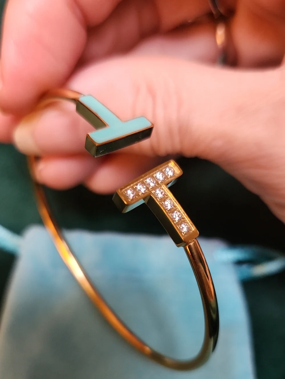 Tiffany-style Gold 'T'Open Bangle Bracelet with Tiffany Blue Enamel And Crystals